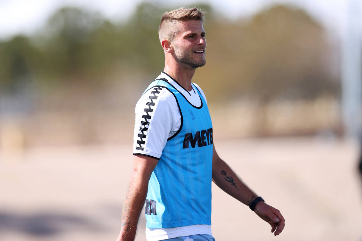 Zach Carroll walks the field during a Las Vegas Lights FC soccer practice at the Kellogg-Zaher ...