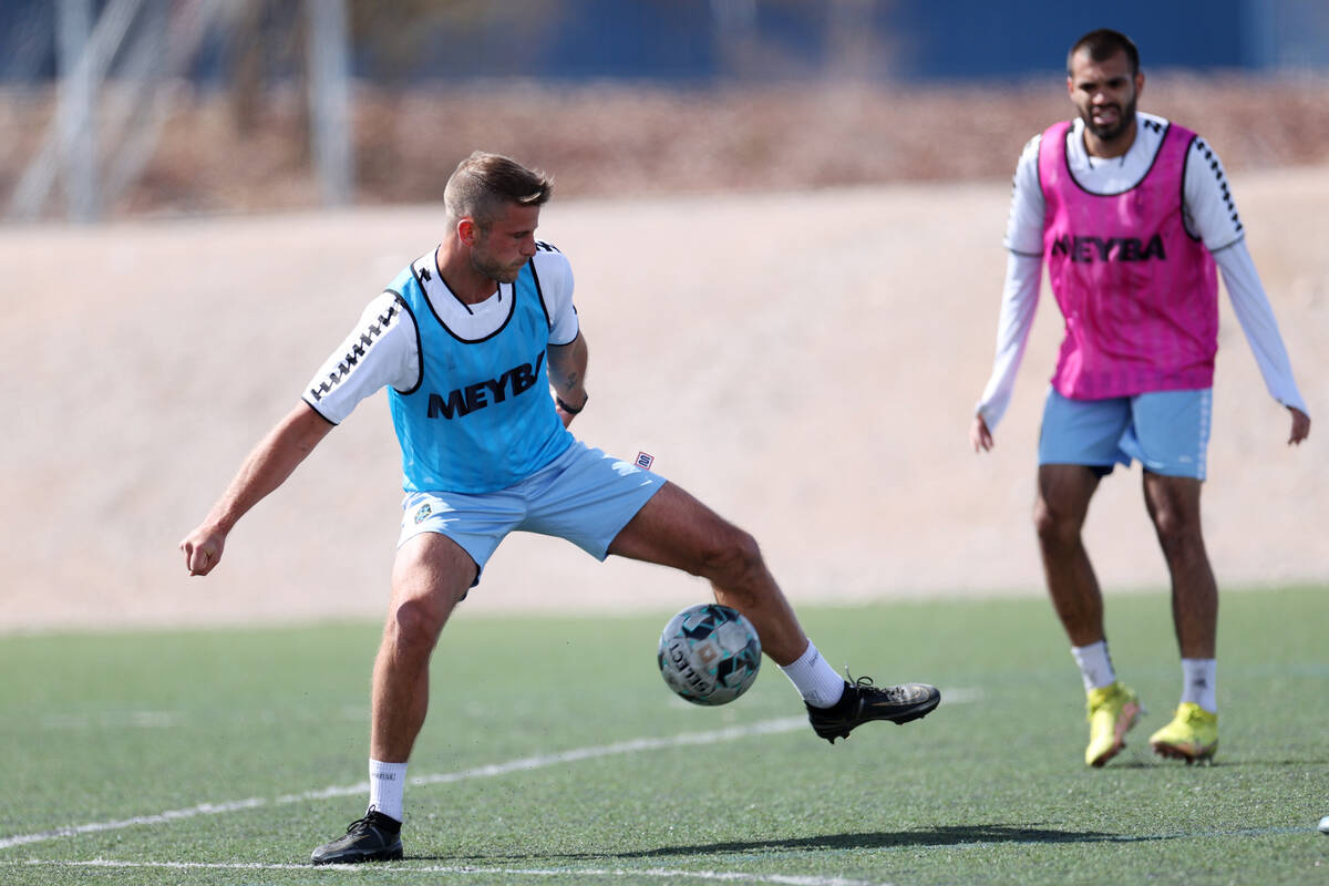 Zach Carroll receives a pass during a Las Vegas Lights FC soccer practice at the Kellogg-Zaher ...