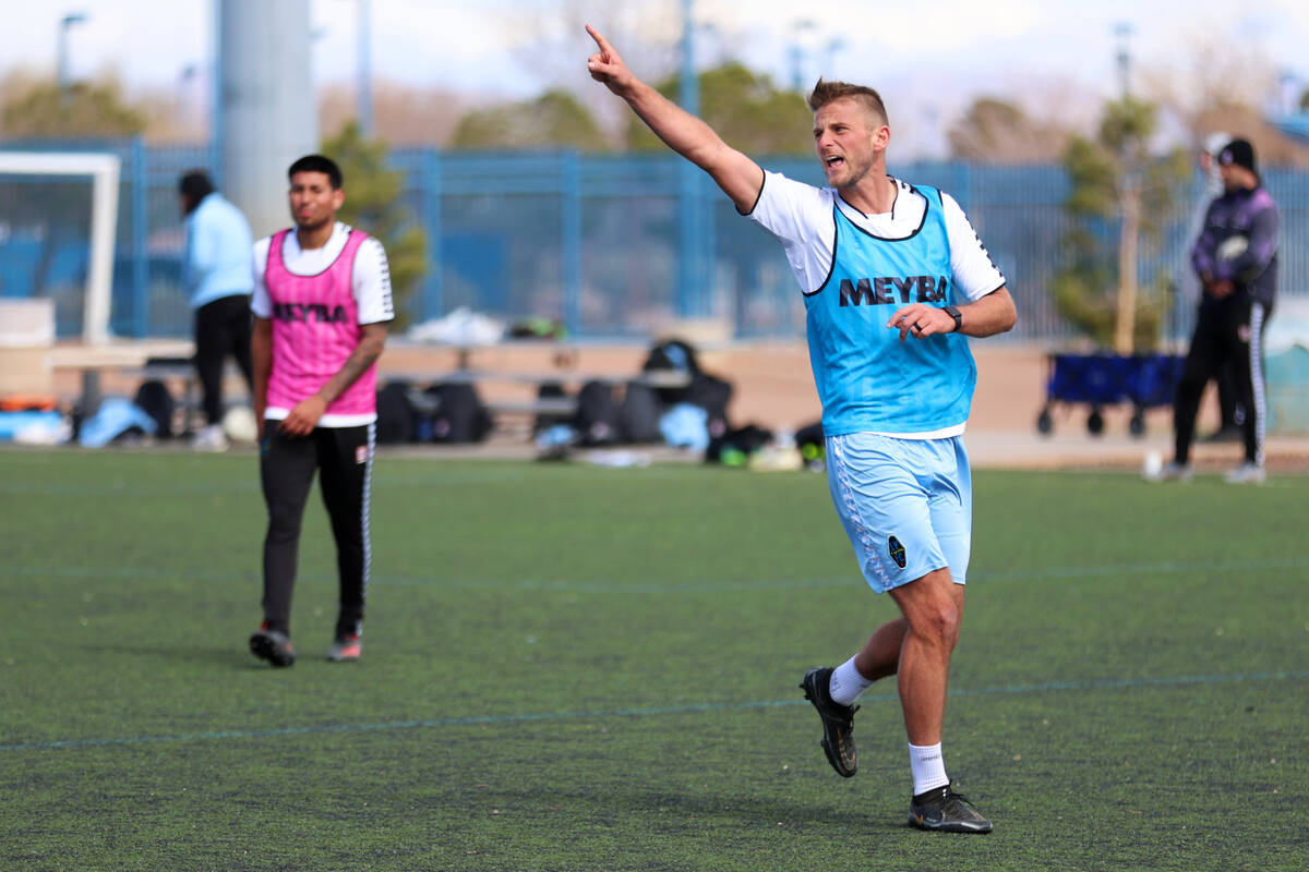 Zach Carroll gestures during a Las Vegas Lights FC soccer practice at the Kellogg-Zaher Soccer ...