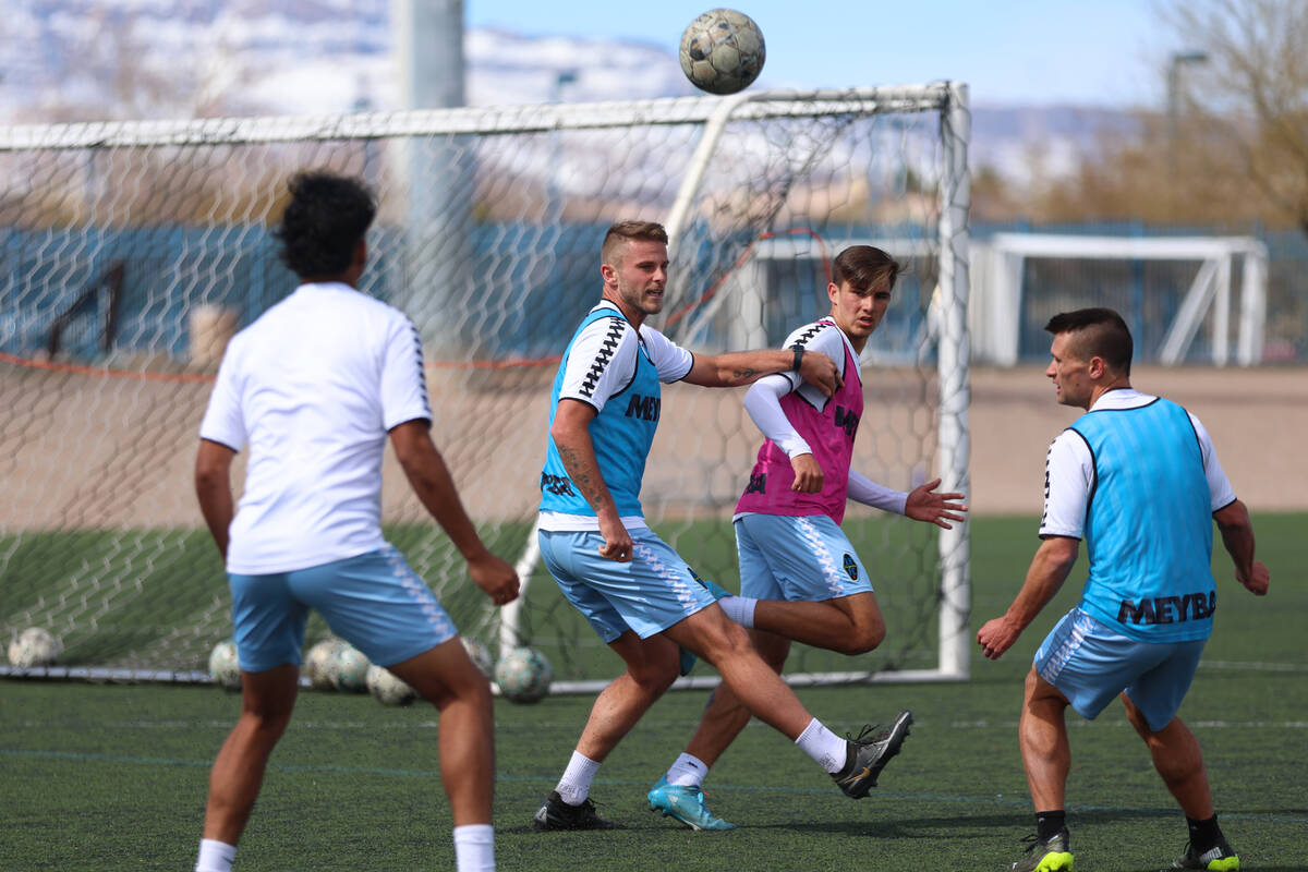 Players participate during a Las Vegas Lights FC soccer practice at the Kellogg-Zaher Soccer Co ...