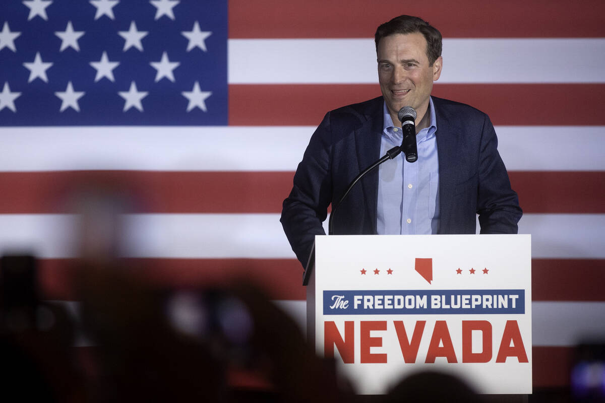 Former Nevada Attorney General Adam Laxalt speaks ahead of Florida Gov. Ron DeSantis, who stopp ...