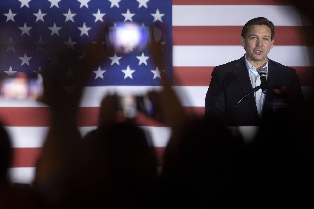 Florida Gov. Ron DeSantis speaks during an event on his book tour at Stoney’s Rockin&#x2 ...