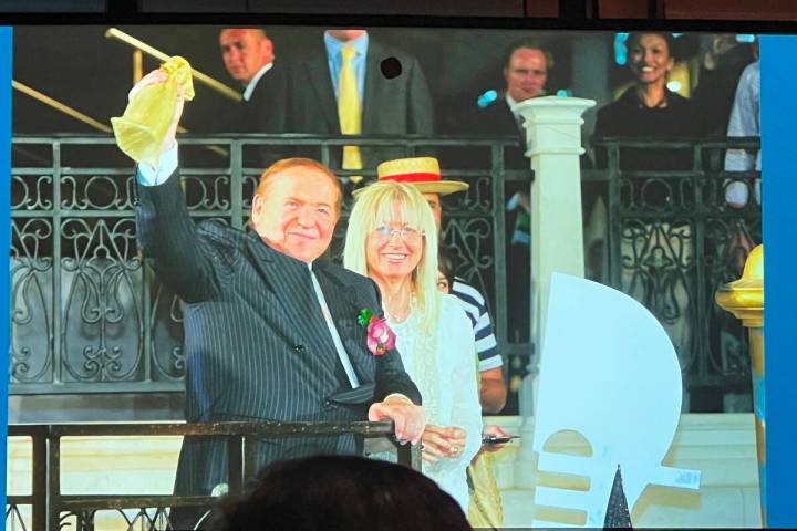 A photo of Sheldon and Dr. Miriam Adelson is shown during a video tribute during the Adelson Ed ...