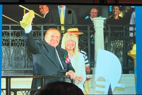 A photo of Sheldon and Dr. Miriam Adelson is shown during a video tribute during the Adelson Ed ...