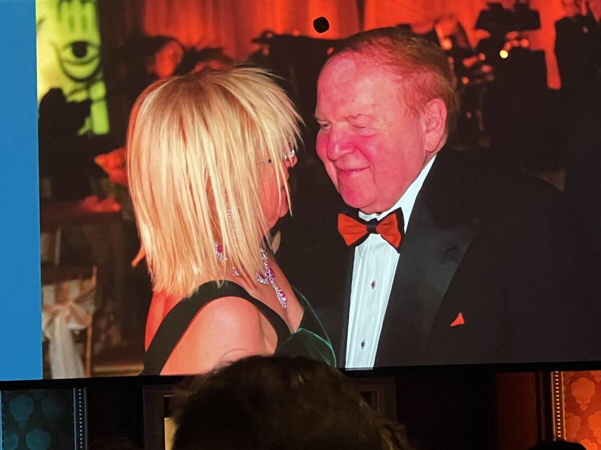 A photo of Sheldon and Dr. Miriam Adelson is shown during a video tribute during the Adelson Ed ...
