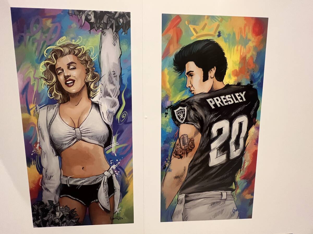 Paintings of a Raiderett and Elvis in a Raider uniform are shown at the Adelson Education Campu ...