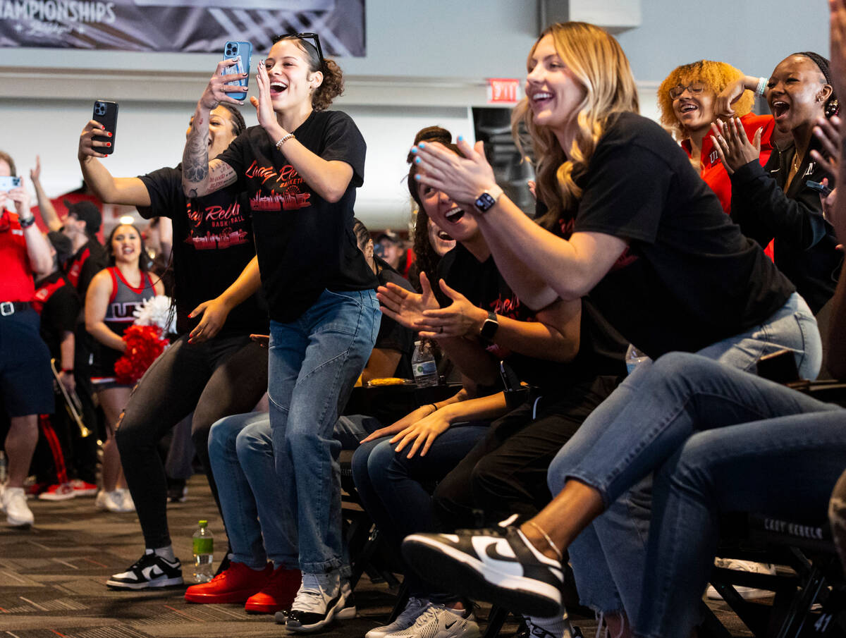 The UNLV Lady Rebels react as their tournament seeding and opponent is revealed on the NCAA sel ...