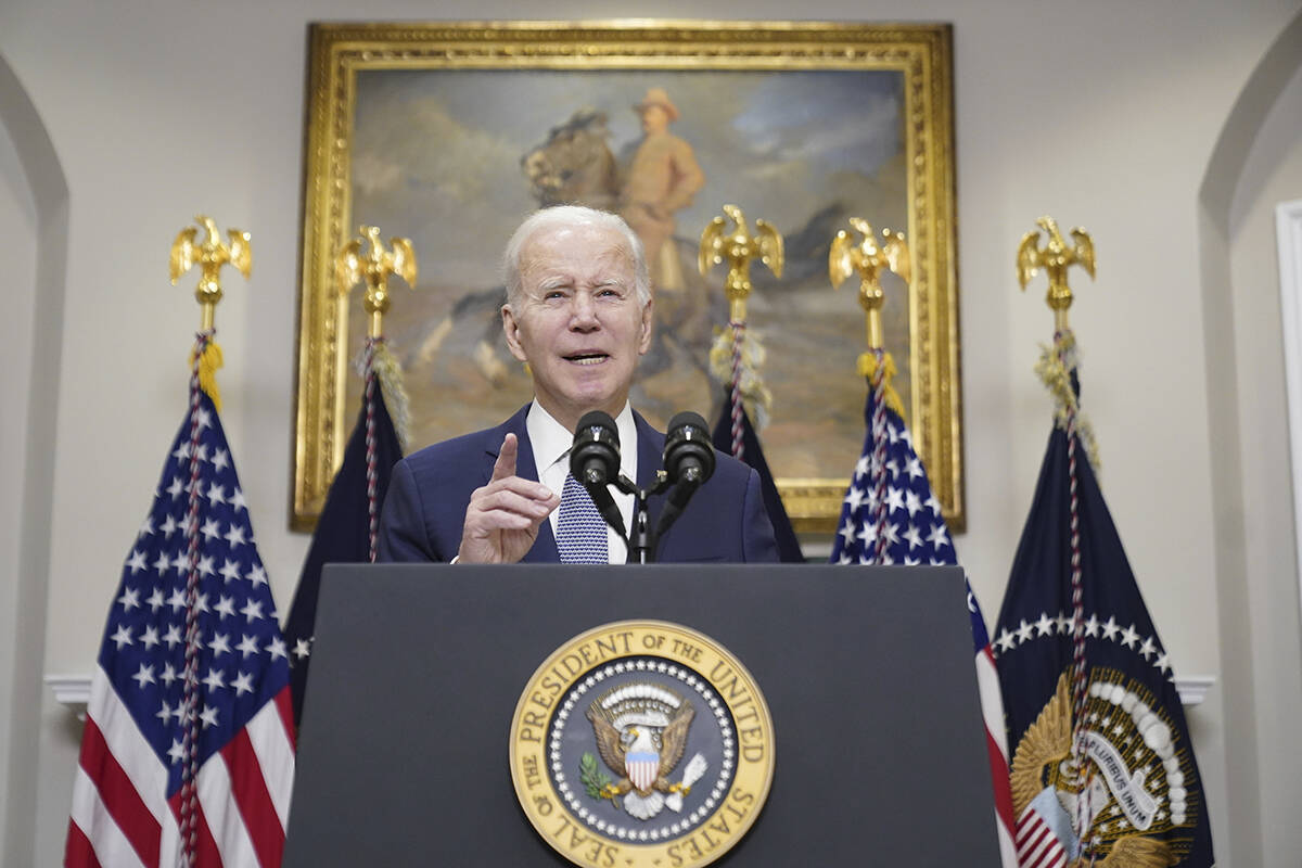 President Joe Biden speaks about the banking system in the Roosevelt Room of the White House, M ...