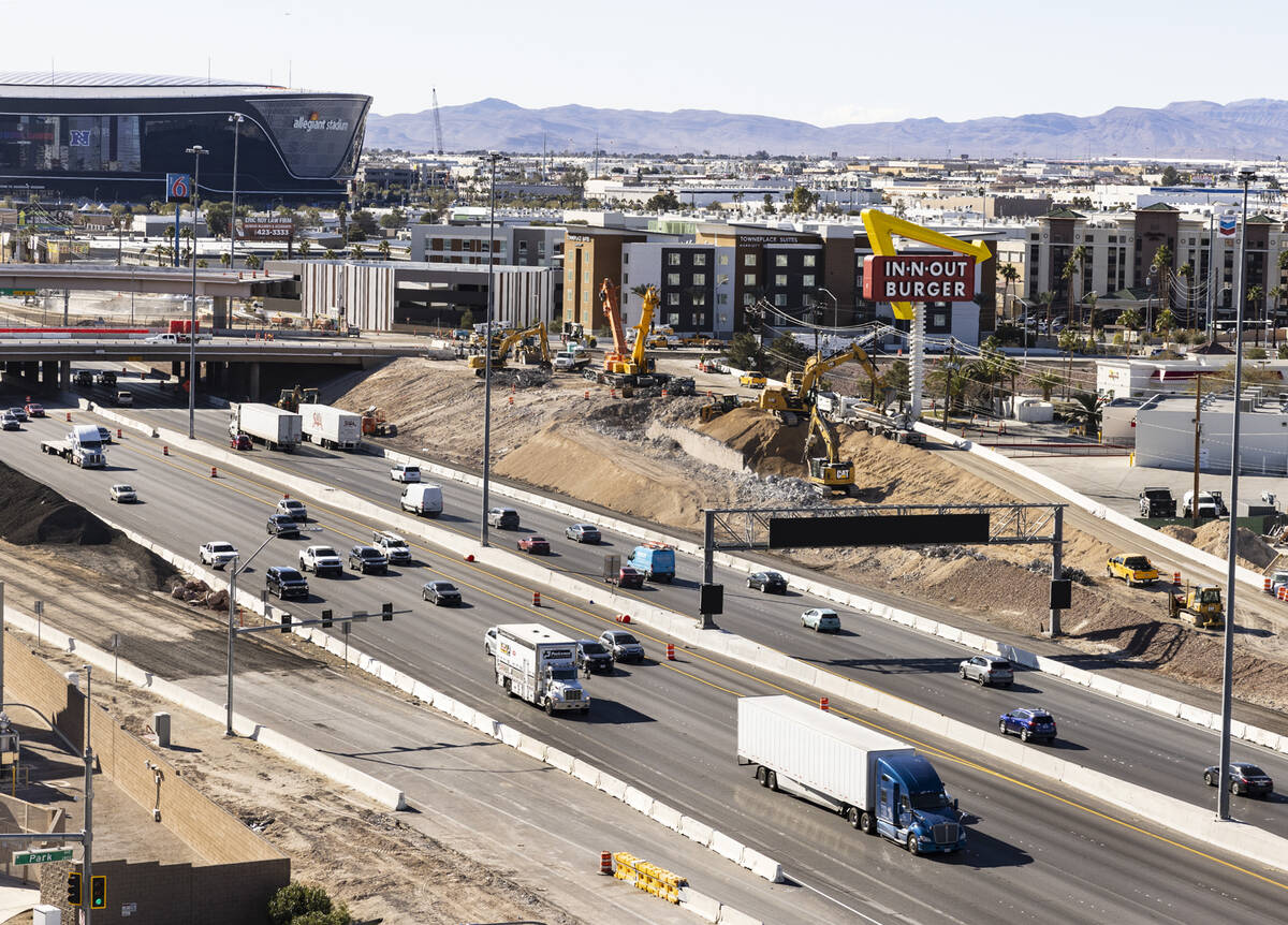 Construction is underway on Interstate 15 near Tropicana Avenue, on Thursday, Jan. 26, 2023, in ...