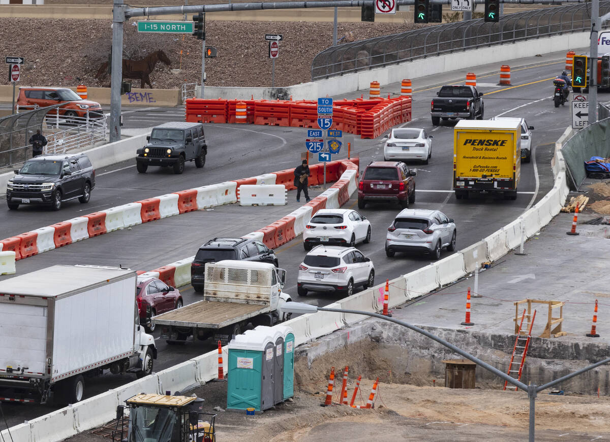 Motorists navigate through the diverging diamond interchange that was added on Tropicana Avenue ...