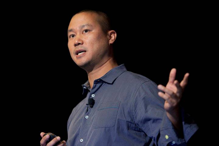 Tony Hsieh speaks during a Grand Rapids Economic Club luncheon in Grand Rapids, Mich., in 2013. ...