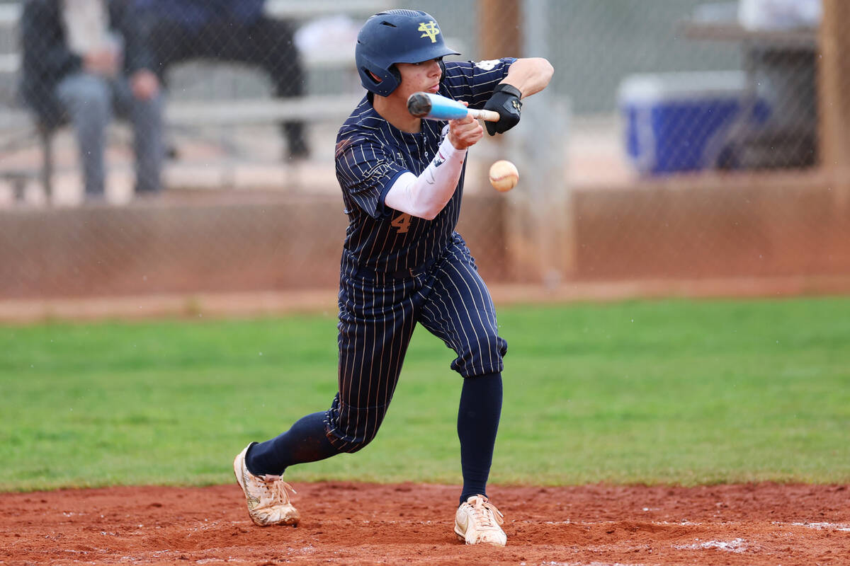 Spring Valley's Tyler Terk (4) bunts the ball during a spring break baseball tournament game ag ...