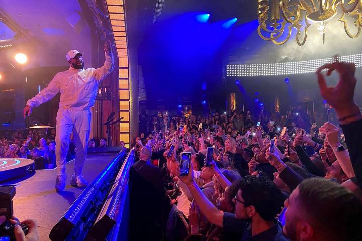 Drake performs at XS Nightclub at Encore on the Las Vegas Strip in the early morning hours of T ...