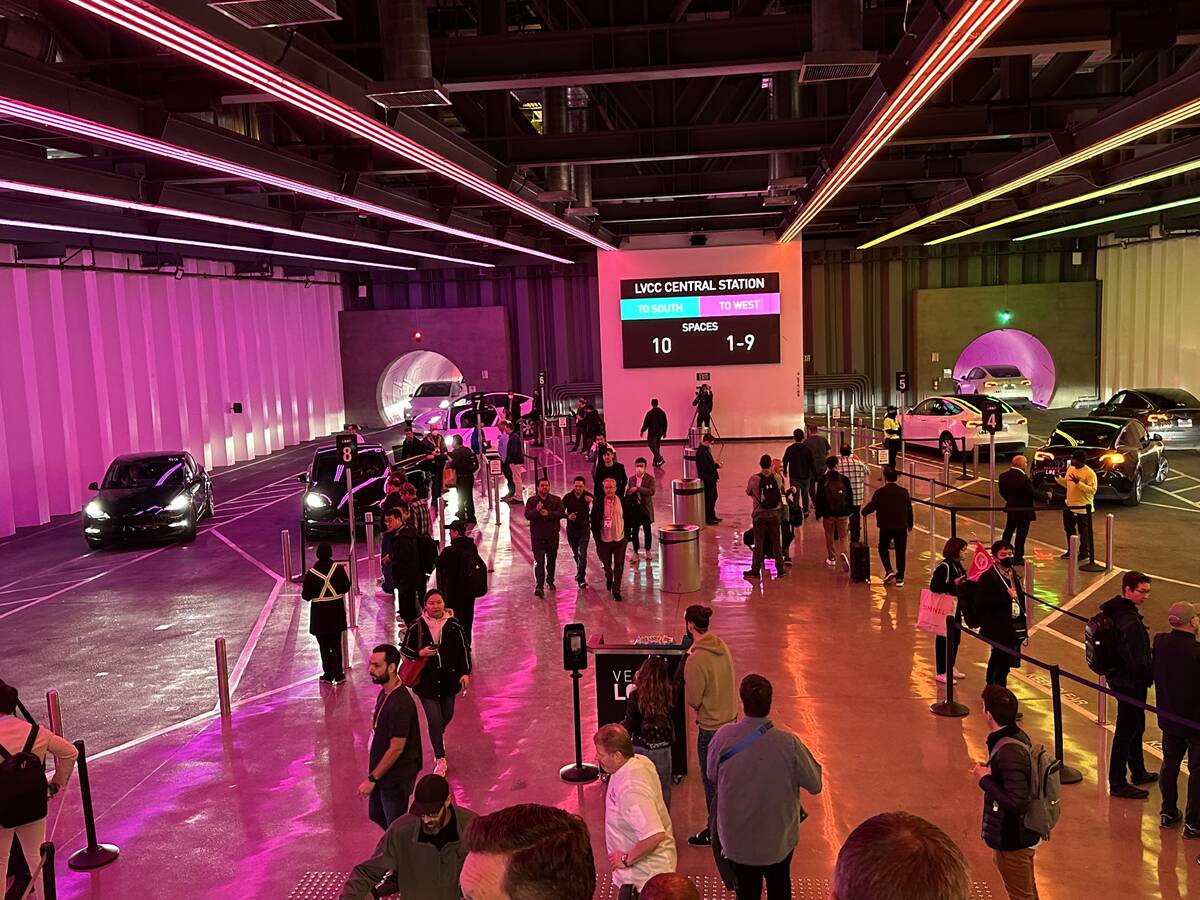 CES attendees in Central Station of the Boring Company's Vegas Loop at the Las Vegas Convention ...