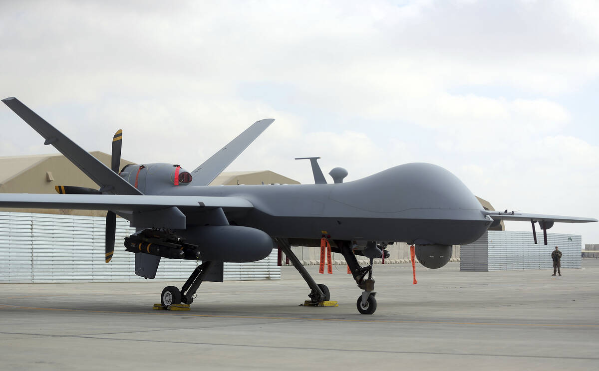 A U.S. MQ-9 drone is on display during an air show at Kandahar Airfield, Afghanistan, Tuesday, ...