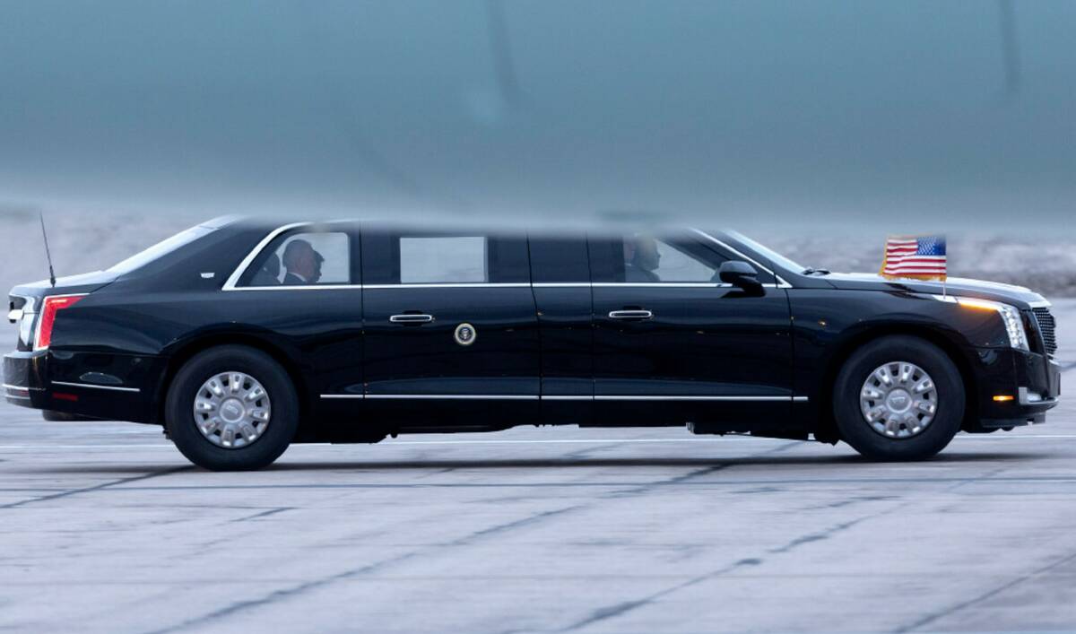 President Joe Biden leaves the tarmac after arriving at Harry Reid International Airport on Tue ...