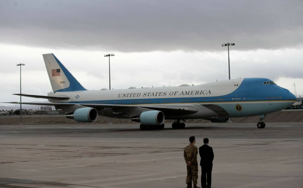 Air Force One arrives at Harry Reid International Airport on Tuesday, March 14, 2023, in Las Ve ...