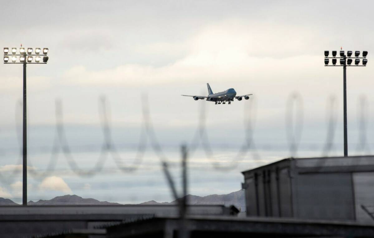Air Force One arrives at Harry Reid International Airport on Tuesday, March 14, 2023, in Las Ve ...