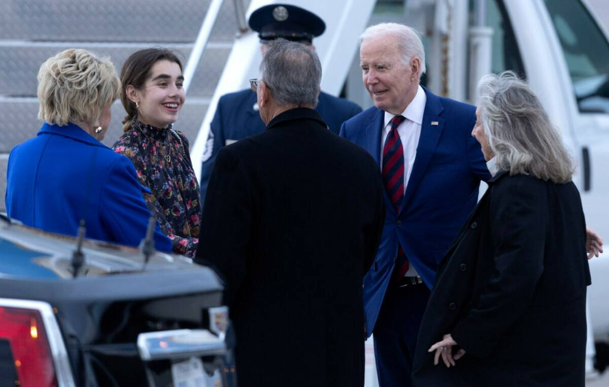 President Joe Biden and his granddaughter Natalie Biden greet Las Vegas Mayor Carolyn Goodman, ...