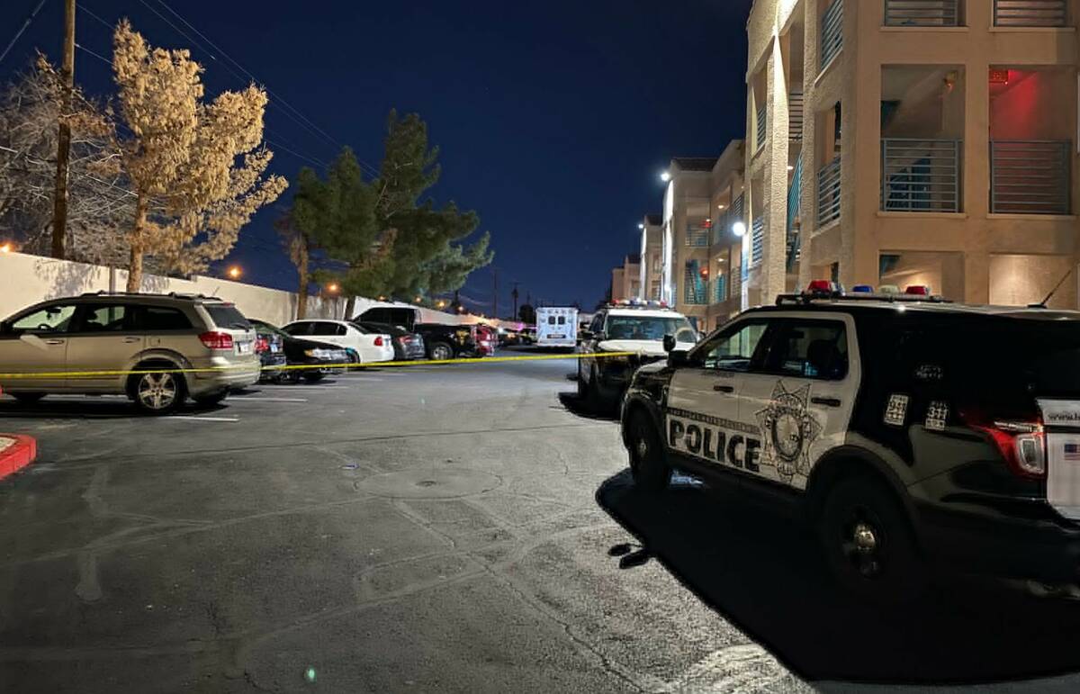Police investigate the scene of a homicide in the 5300 block of Boulder Highway on Tuesday, Mar ...
