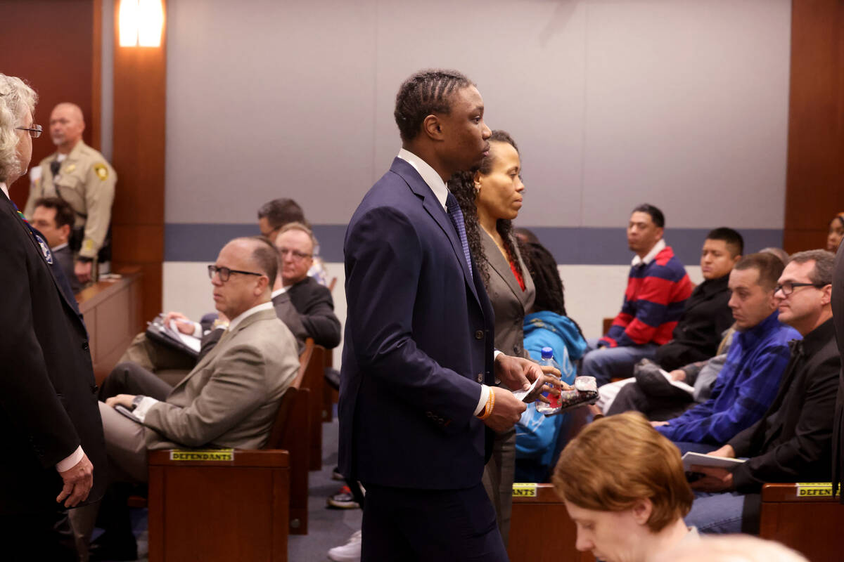 Former Raiders player Henry Ruggs leaves the courtroom after a hearing in front of Justice of t ...