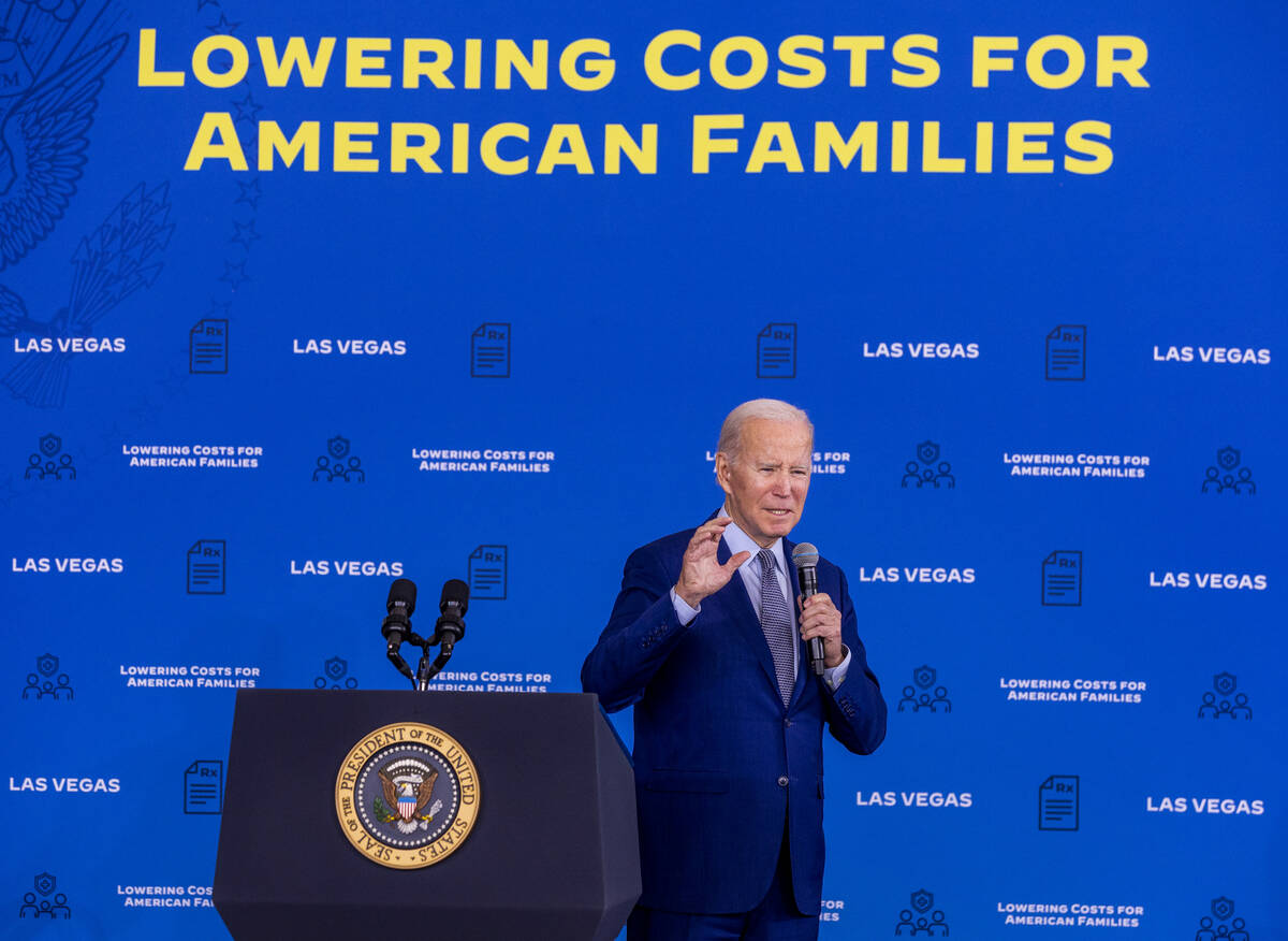 President Joe Biden talks about lowering prescription drug costs during a speech in the UNLV Wi ...