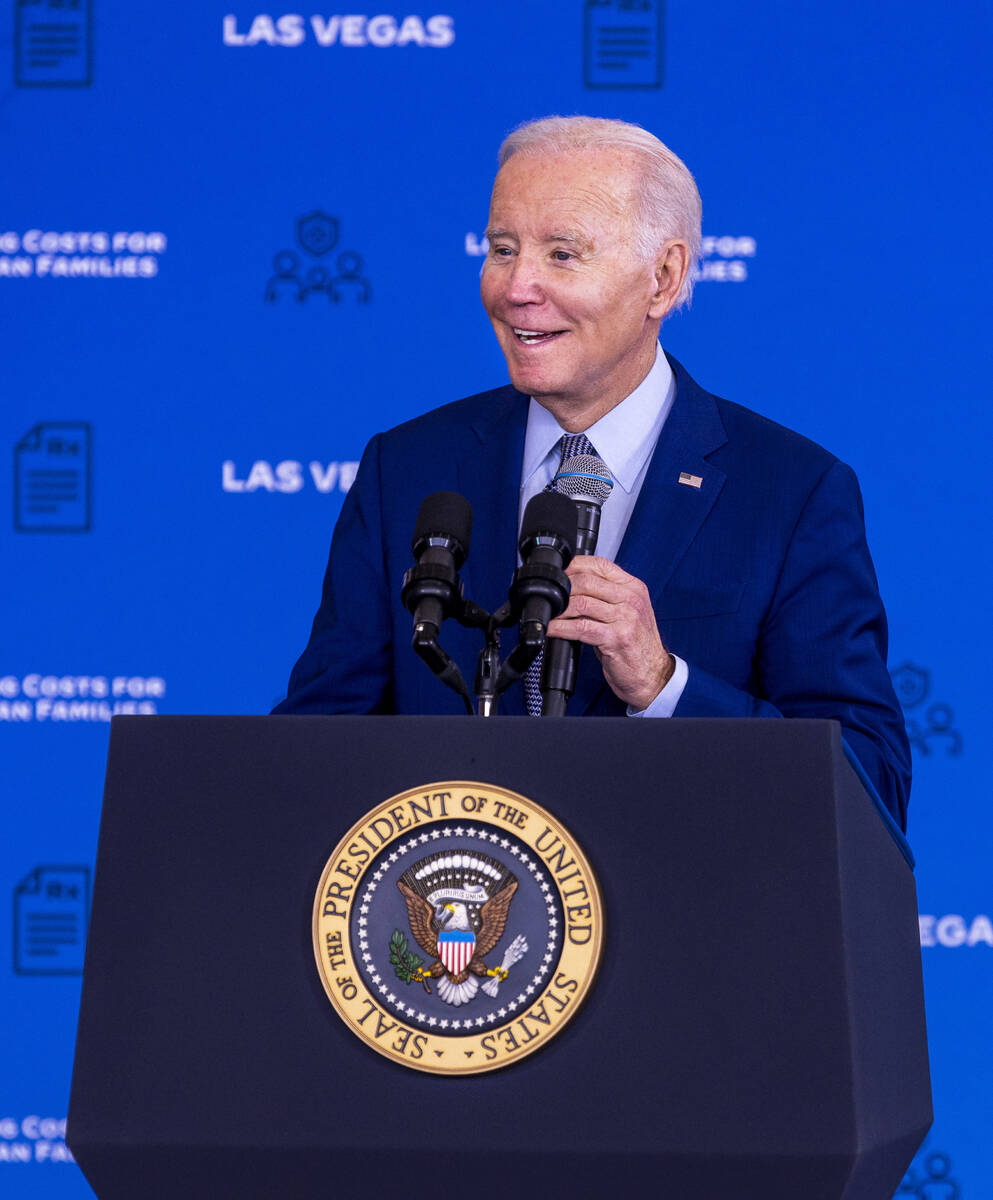 President Joe Biden talks about lowering prescription drug costs during a speech in the UNLV Wi ...