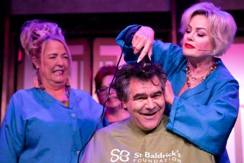 Jacquelyn Holland-Wright, right, a cast member of Menopause The Musical, shaves Review-Journal ...