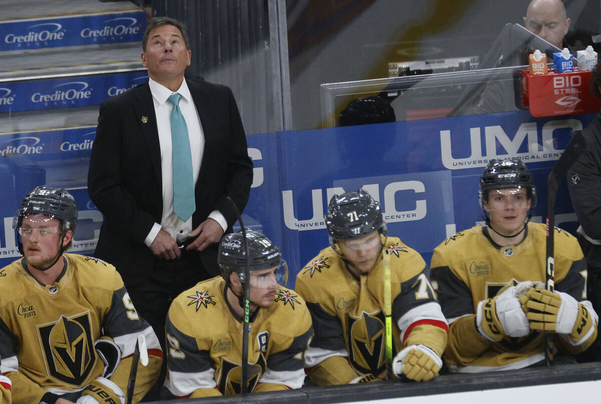 Vegas Golden Knights head coach Bruce Cassidy looks at the score board during the third period ...