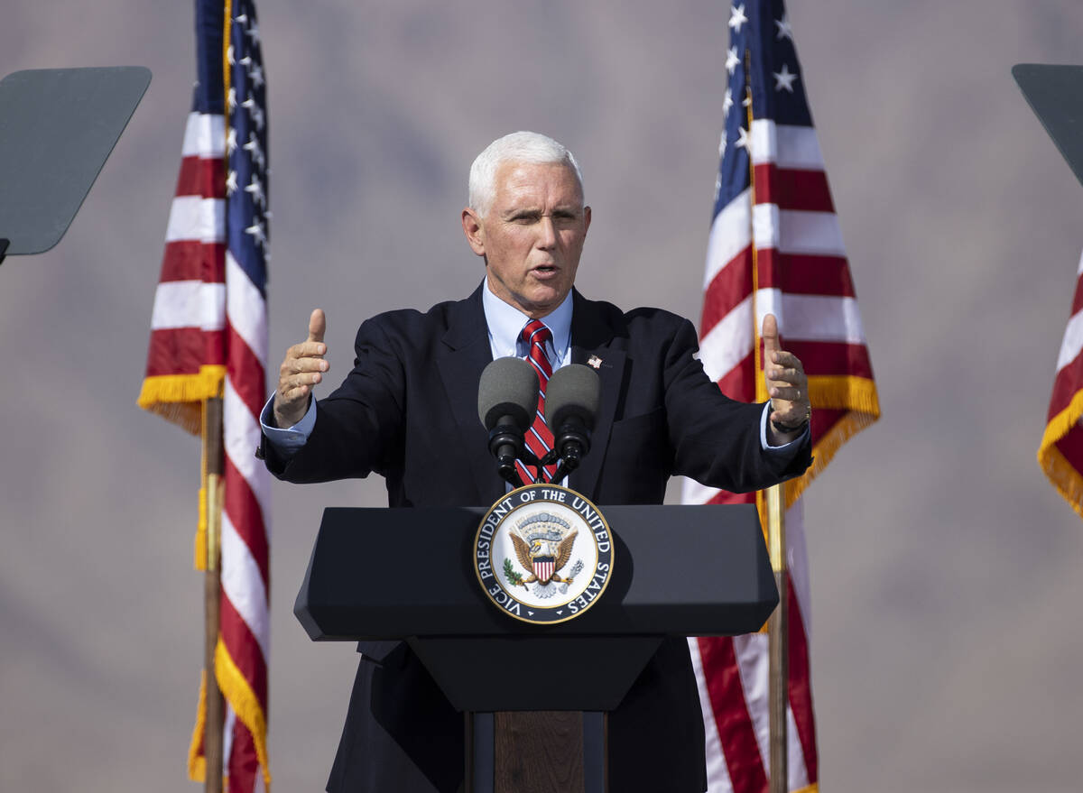 Vice President Mike Pence speaks during Make America Great Again event at Boulder City Airport, ...