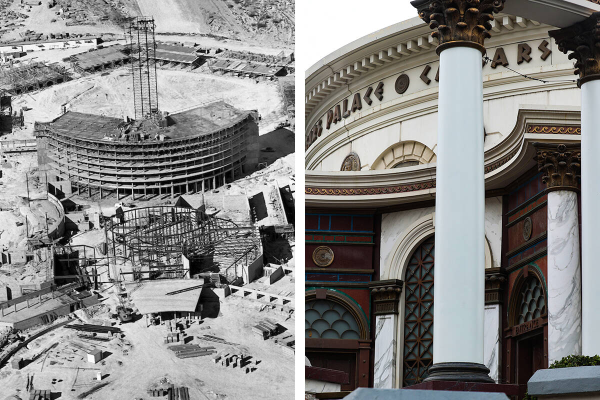 An aerial shot, left, of Caesars Palace under construction on Oct. 23, 1965, along with a photo ...