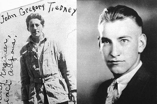 John Gregory Tierney, kiri, berpose untuk foto pada tahun 1915 dan putranya, Patrick William Tierney berpose...