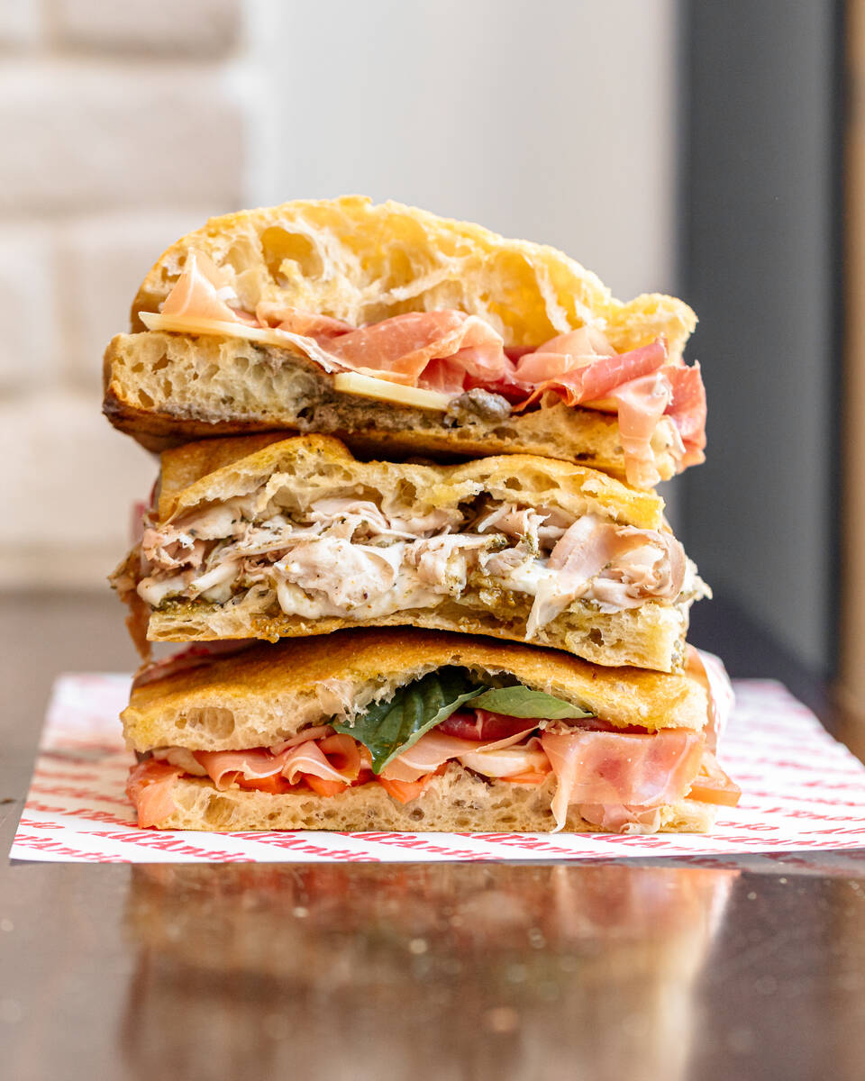A stack of sandwiches from All'Antico Vinaio, the famed sandwich shop from Florence, Italy, tha ...