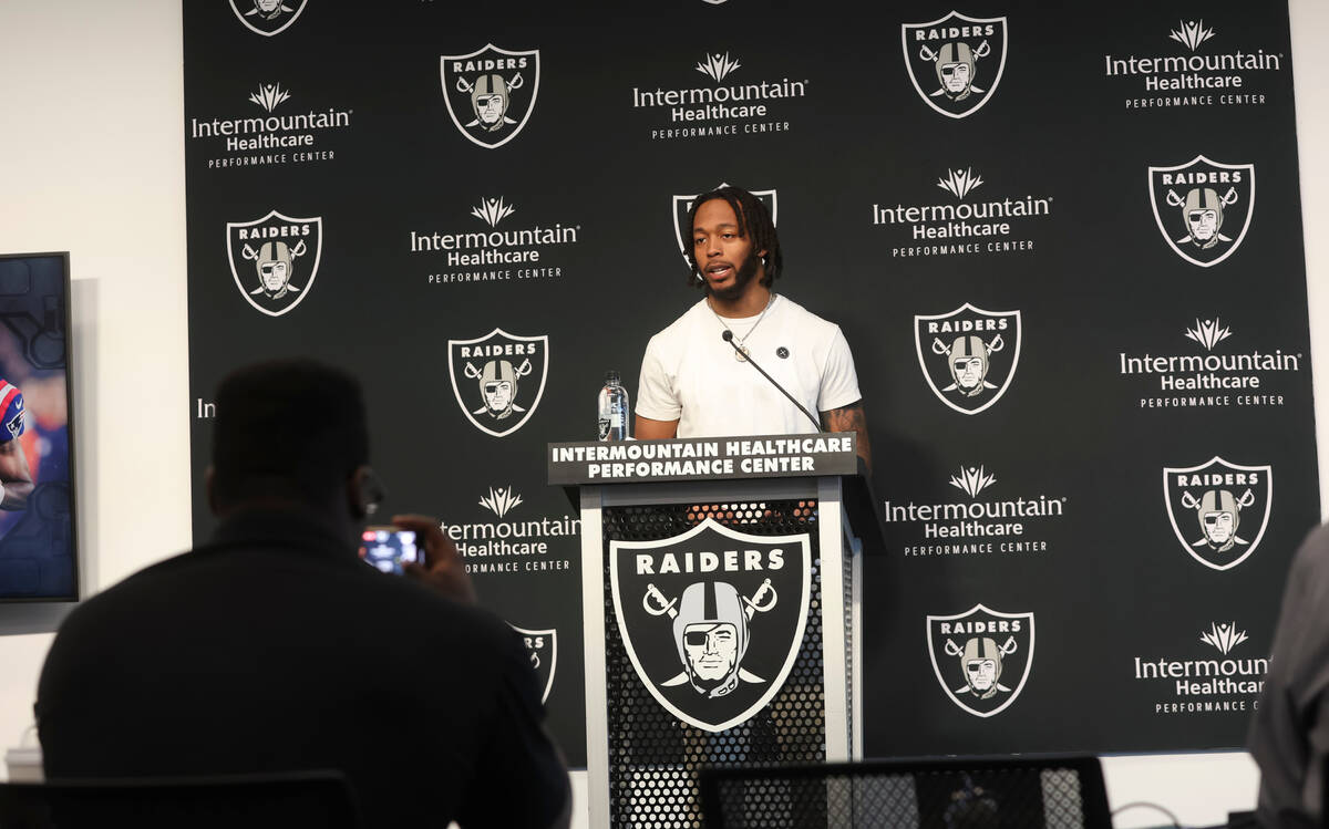 Newly acquired Raiders wide receiver Jakobi Meyers addresses the media at Raiders Headquar ...