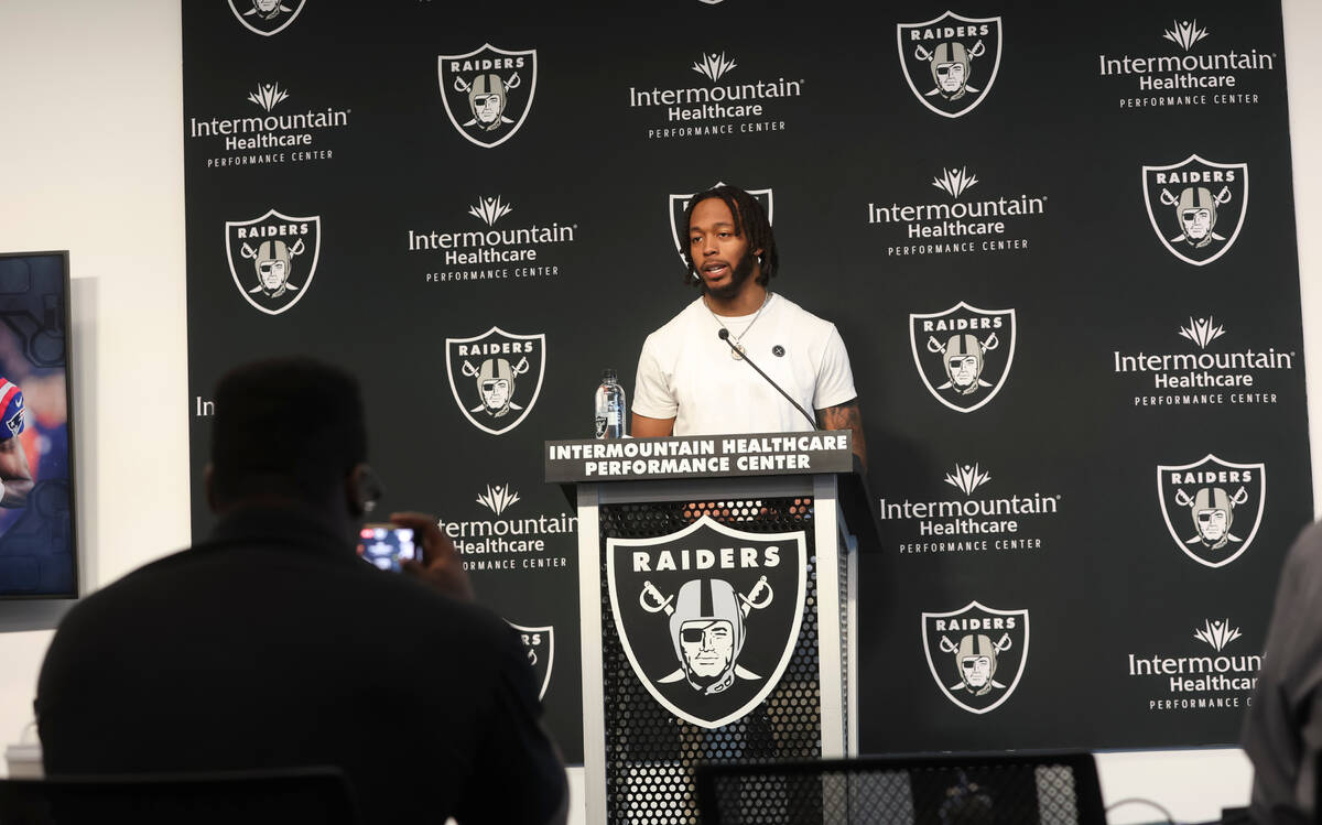 Newly acquired Raiders wide receiver Jakobi Meyers addresses the media at Raiders Headquar ...