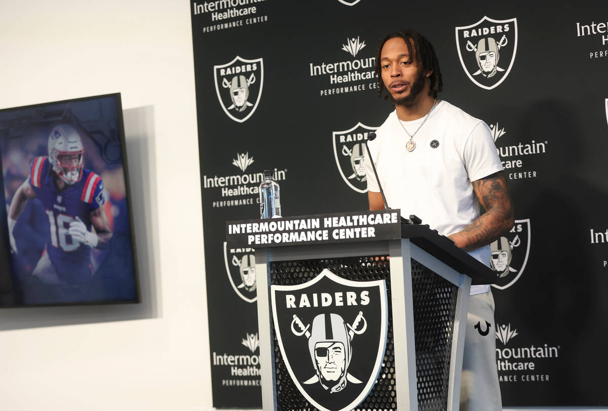 Newly acquired Raiders wide receiver Jakobi Meyers addresses the media at Raiders Headquar ...
