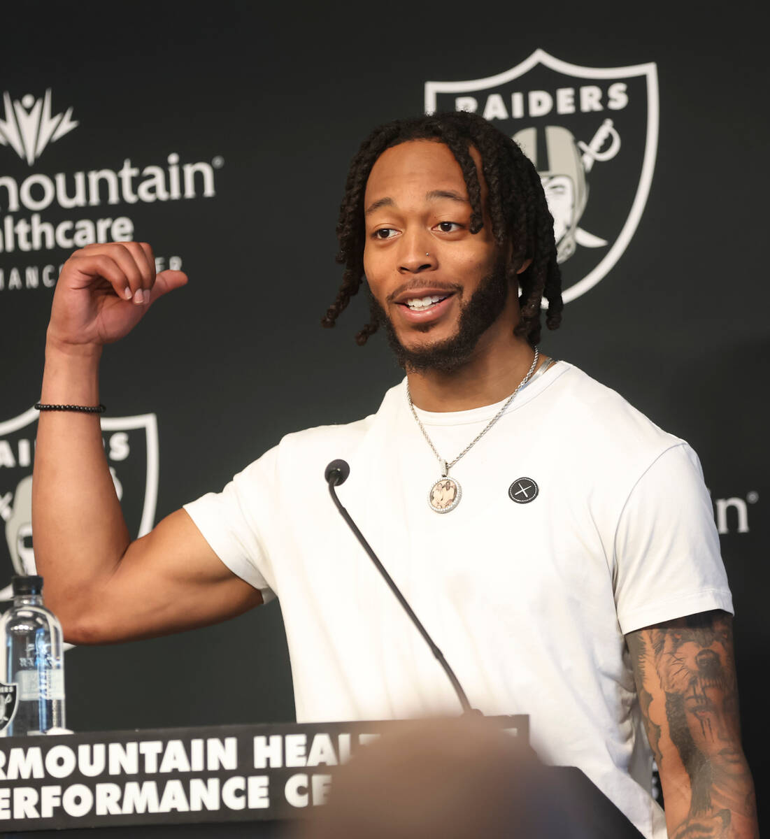 Newly acquired Raiders wide receiver Jakobi Meyers addresses the media at Raiders Headquar ...