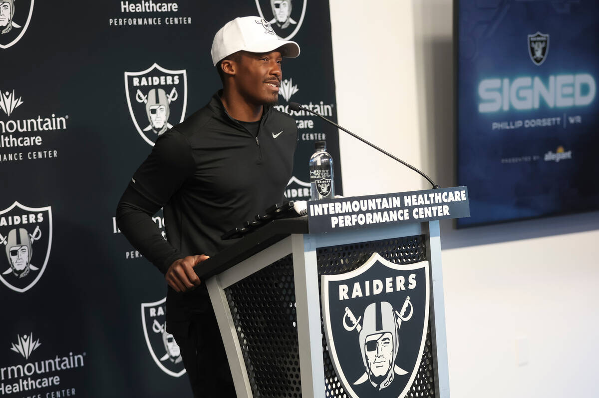 Newly acquired Raiders wide receiver Phillip Dorsett addresses the media at Raiders Headquarte ...