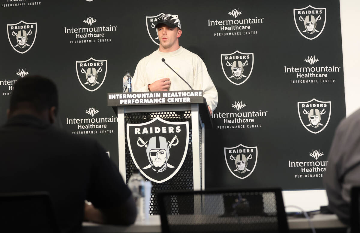 Newly acquired Raiders linebacker Robert Spillane addresses the media at Raiders Headquarters a ...
