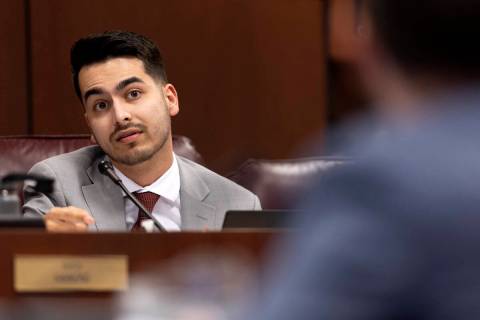 Sen. Fabian Doñate, D-Las Vegas, asks a question to presenters in a meeting of the Senate ...