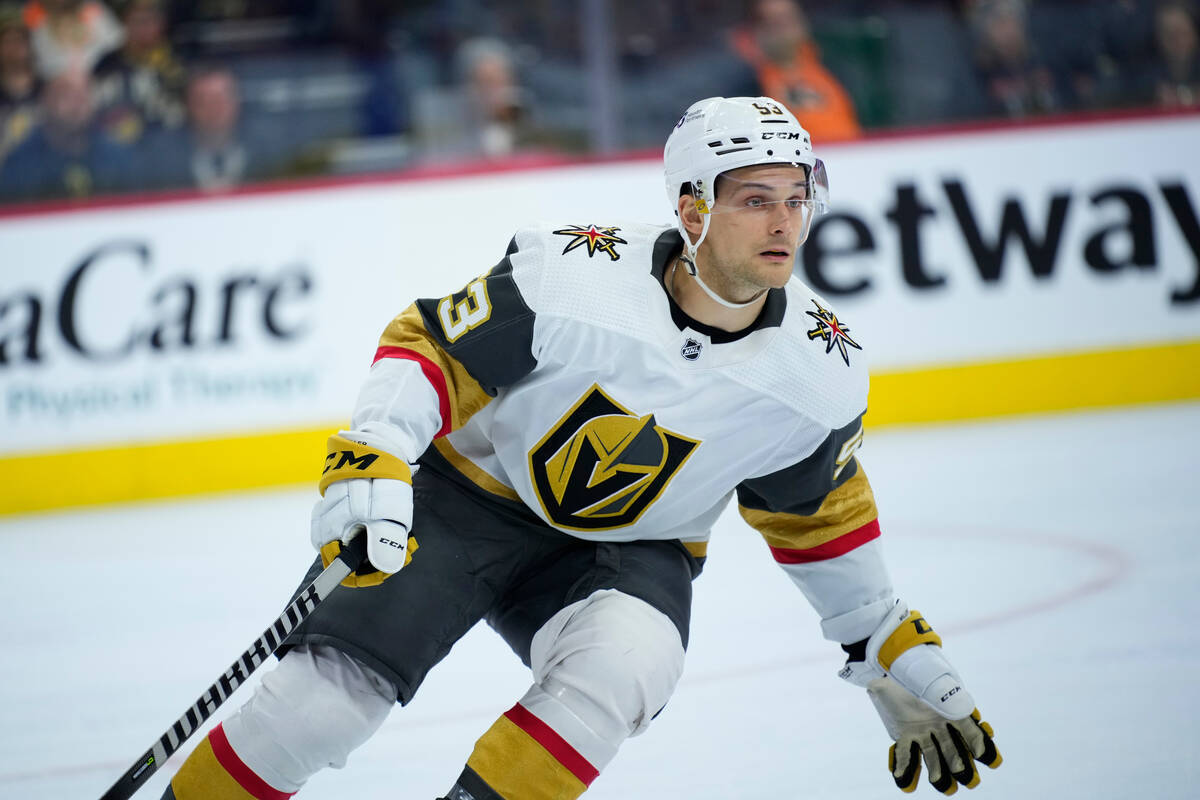 Vegas Golden Knights' Teddy Blueger plays during an NHL hockey game, Tuesday, March 14, 2023, i ...