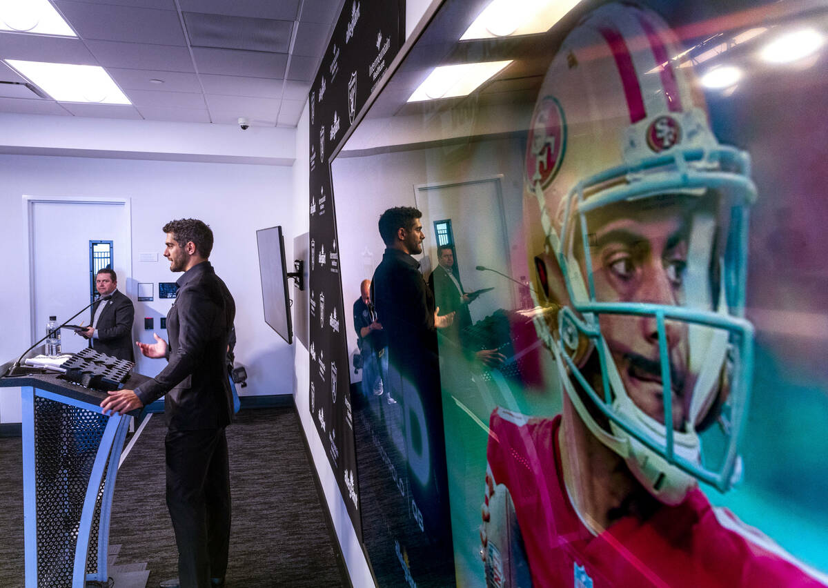 Jimmy Garoppolo answers a question during a press conference at the Raiders Headquarters and In ...
