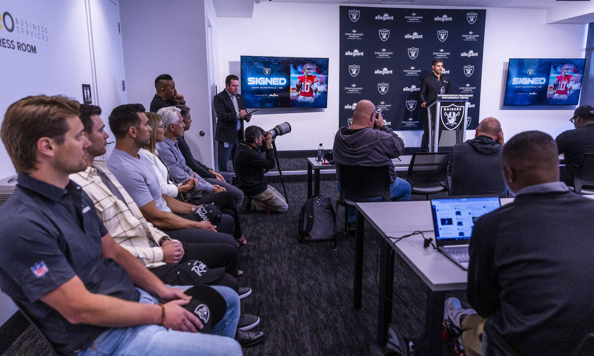 Jimmy Garoppolo speaks joined by his family, left, during a press conference at the Raiders Hea ...