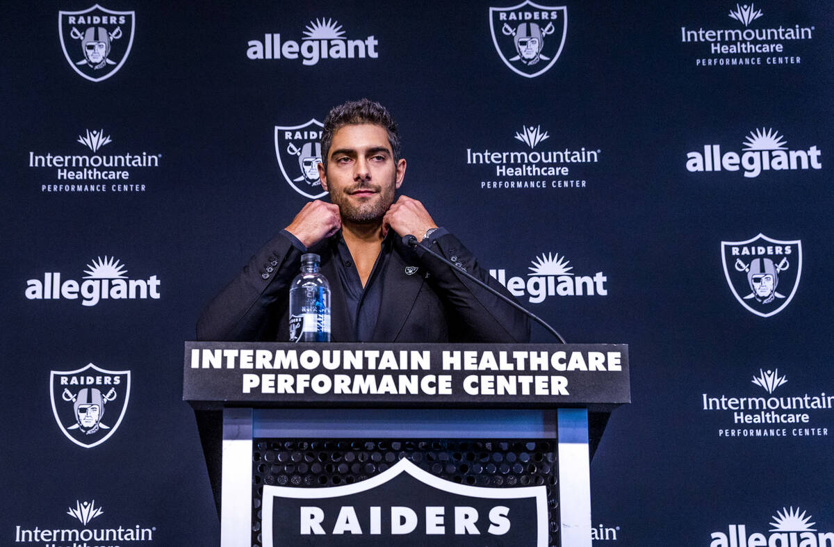 Jimmy Garoppolo considers a response during a press conference at the Raiders Headquarters and ...