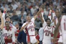 University of Nevada-Las Vegas Rebels Jarvis Basnight (44) and Gary Graham (32) show their joy ...