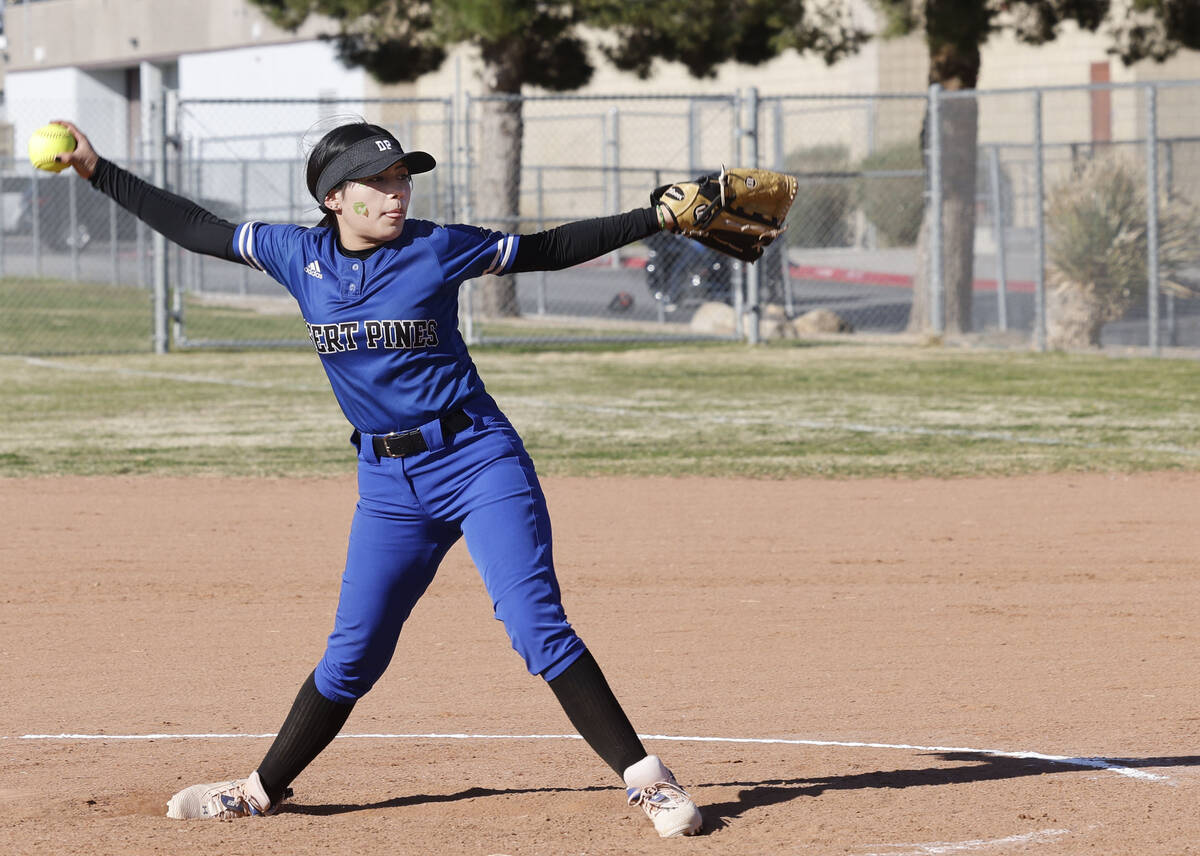 Desert Pines pitcher Leslie Pesina (5) delivers during the second inning of a softball game aga ...