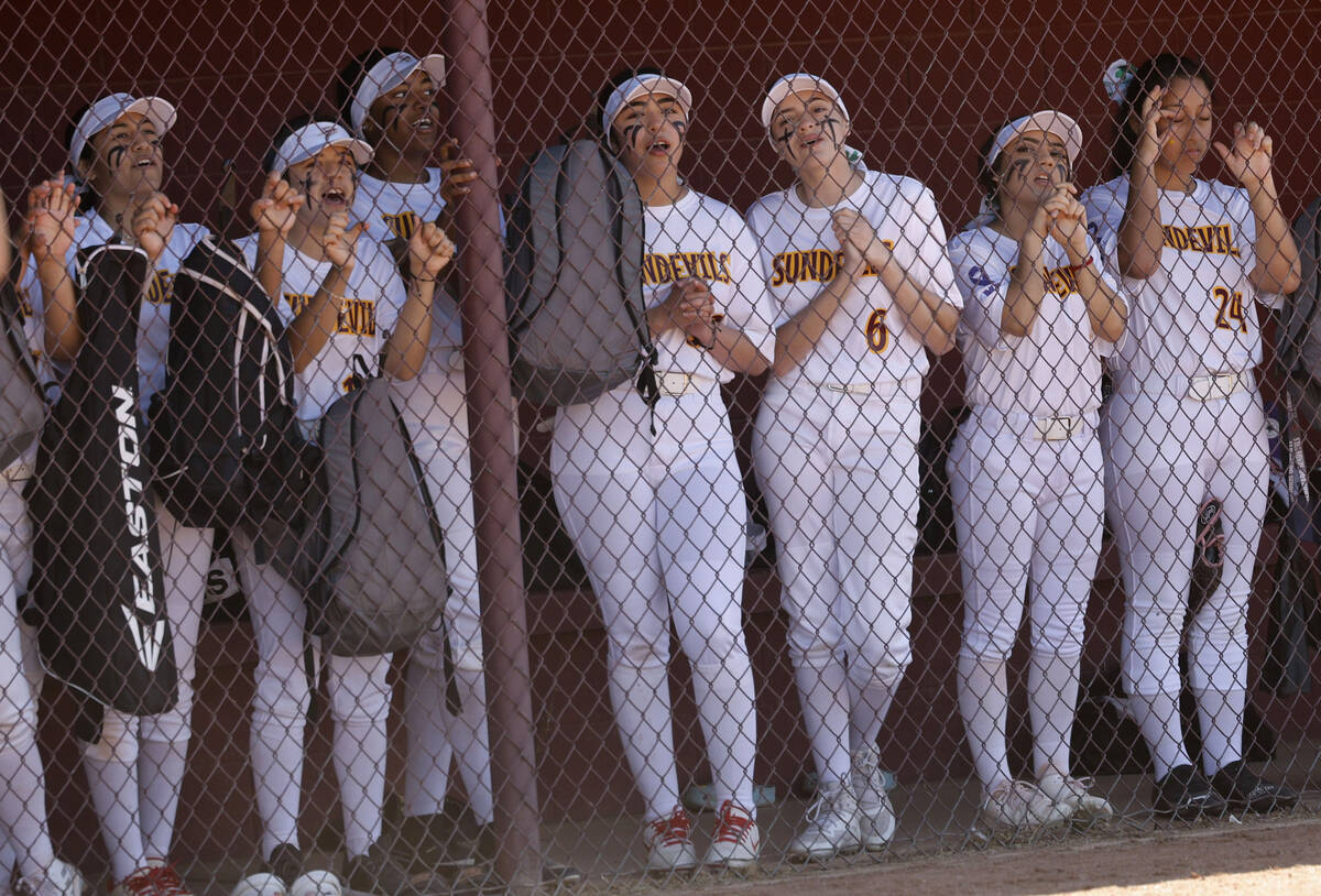 Eldorado players cheer during the first inning of a softball game against Desert Pines at Eldor ...