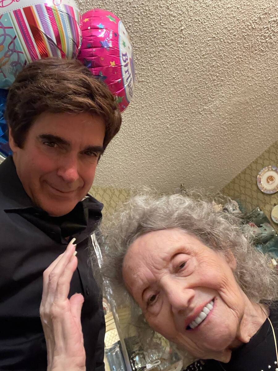 Magician Gloria Dea, 99, is shown with David Copperfield on her 99th birthday on on Aug. 24, 20 ...