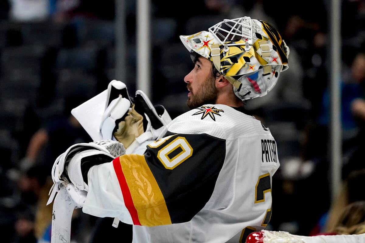 Vegas Golden Knights goaltender Jiri Patera looks on during a pause in play in the third period ...