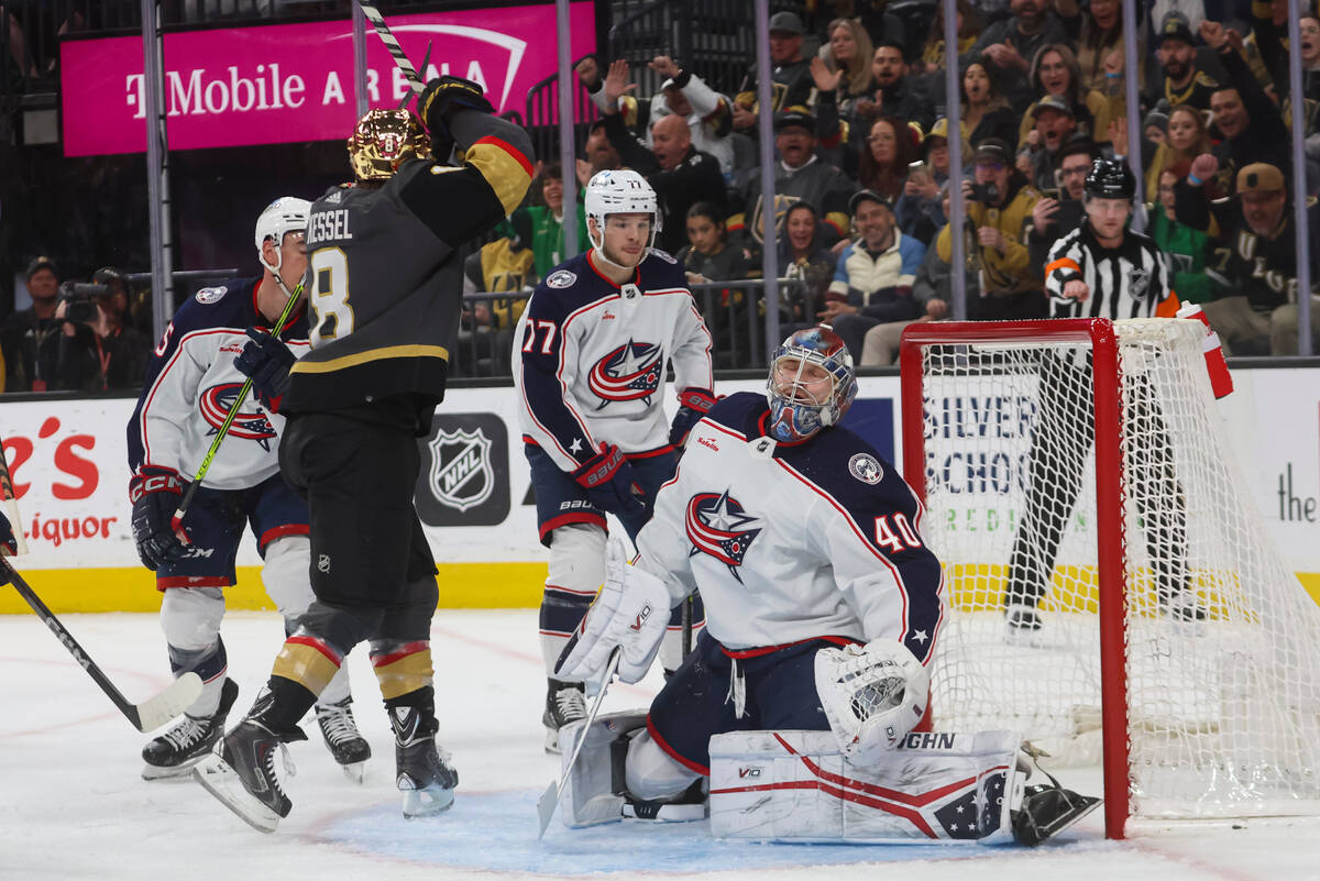 Golden Knights right wing Phil Kessel (8) celebrates after scoring against Columbus Blue Jacket ...